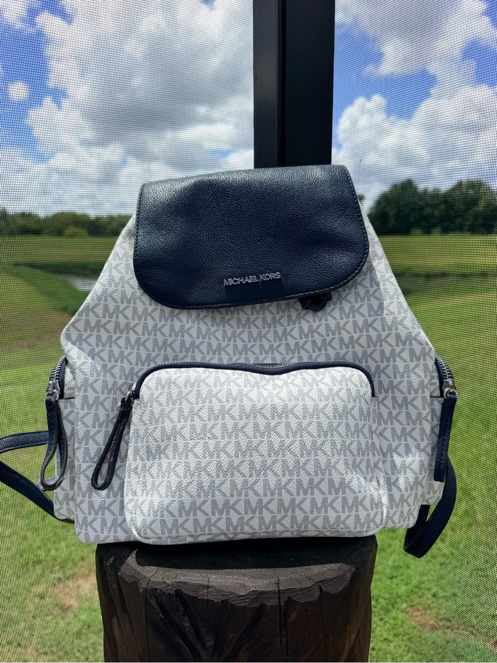 Michael Kors Abbey Cargo Backpack White Navy MK Signature Logo Multi Pocket